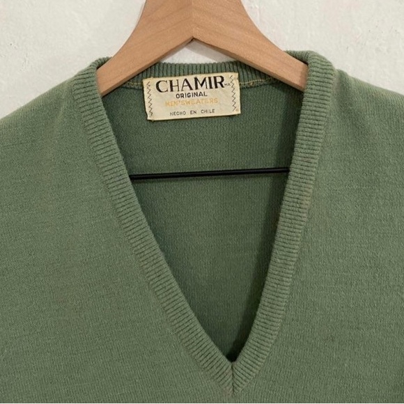 Chamir Original Vintage Men's 48 Green Deep V Neck Knit Sweater - Picture 2 of 7